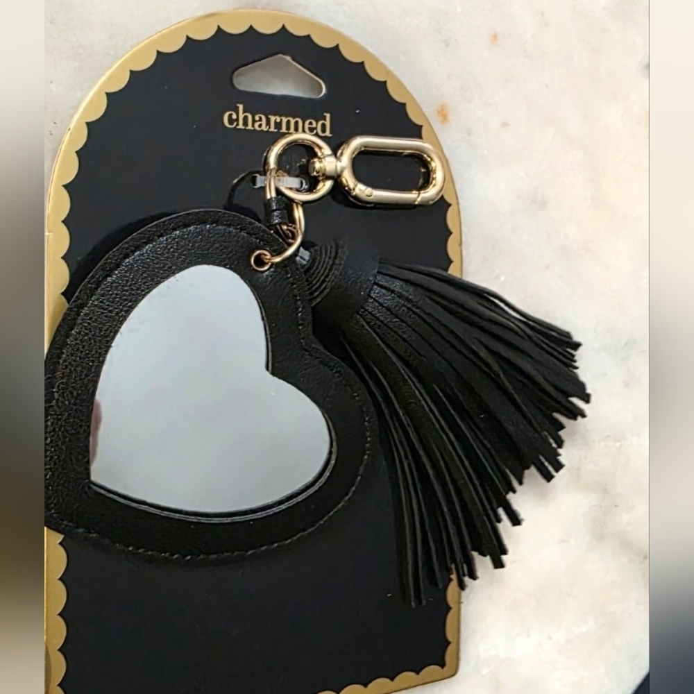 Mirrored Black Heart Keychain / Bag Charm with Tassel Large NWT